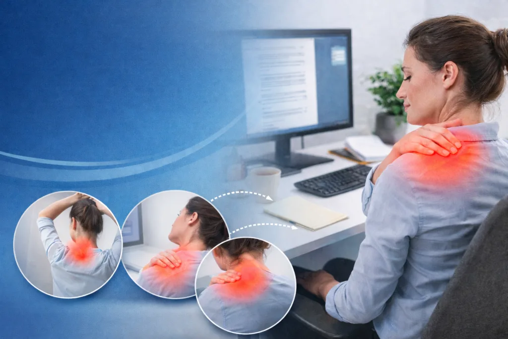 Shoulder pain from desk work is common. Learn why long sitting causes shoulder tension and simple, drug free ways to reduce stiffness during daily routines.