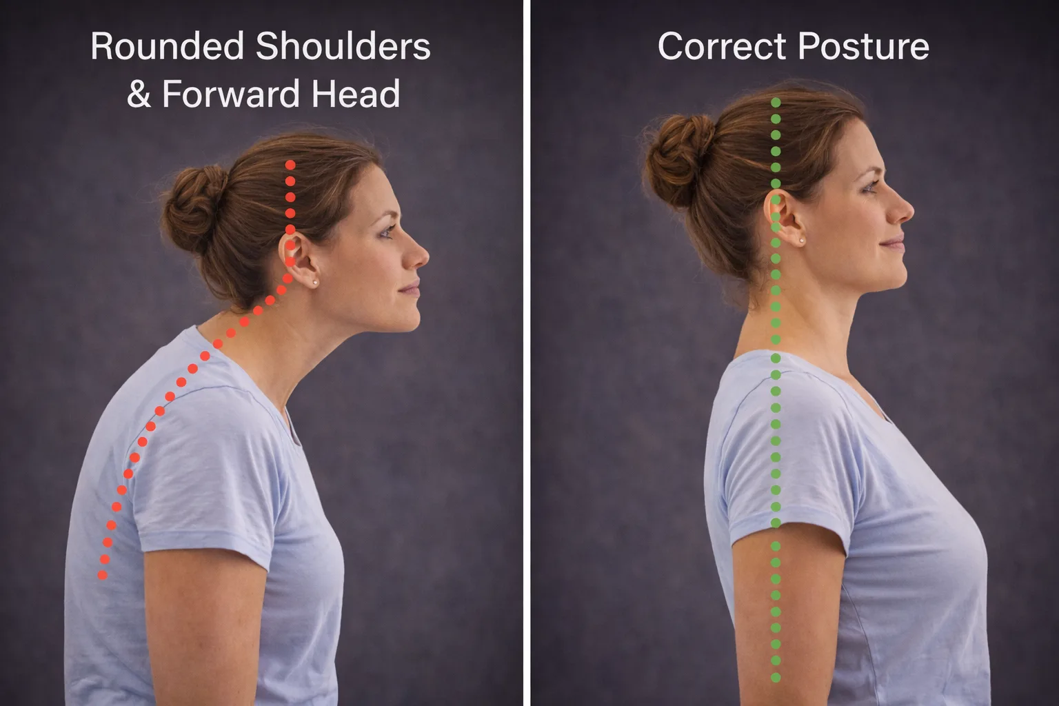 Learn how rounded shoulders and forward head posture create chronic upper back tension and trigger points and how to correct it safely at home.