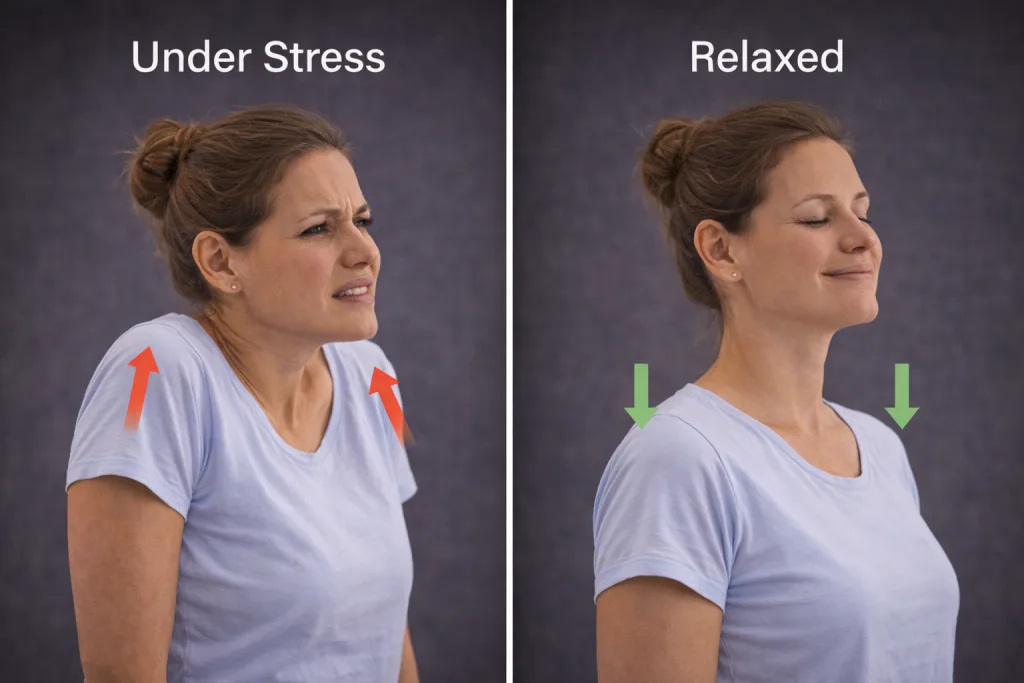 Learn how stress activates your nervous system and creates chronic shoulder and upper back tension and how to calm it naturally.