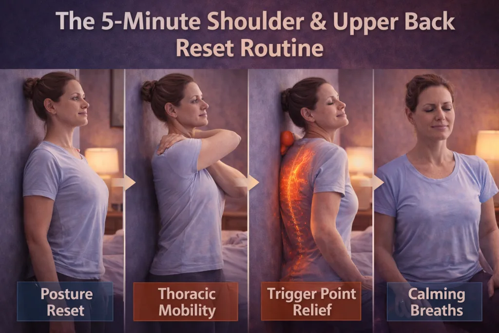 A simple 5 minute daily reset routine to relieve shoulder and upper back tension, improve posture, and prevent chronic discomfort.