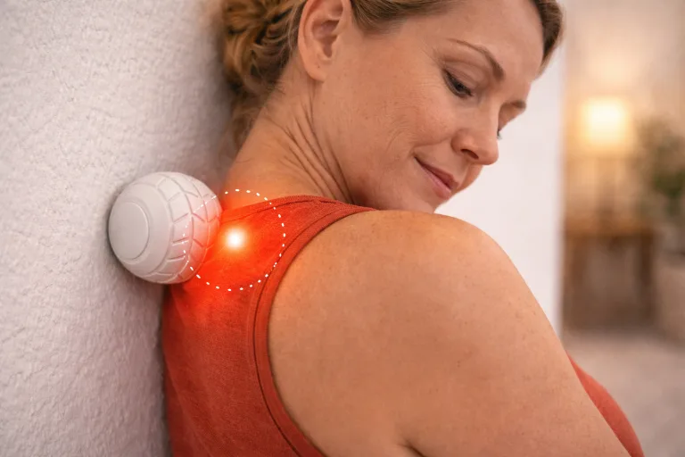 Learn a simple wall release technique to relieve upper back trigger points and muscle knots using controlled pressure and gentle movement.