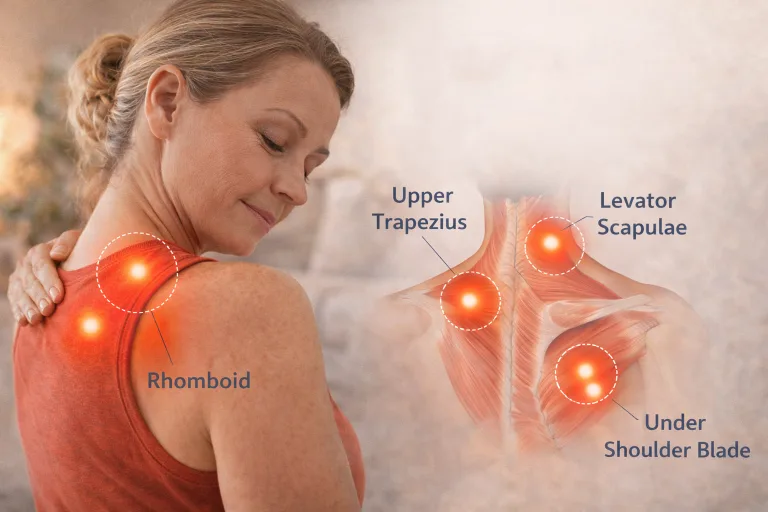 Learn where trigger points commonly appear in the upper back and shoulder blades, why they develop, and how to release muscle knots safely at home.