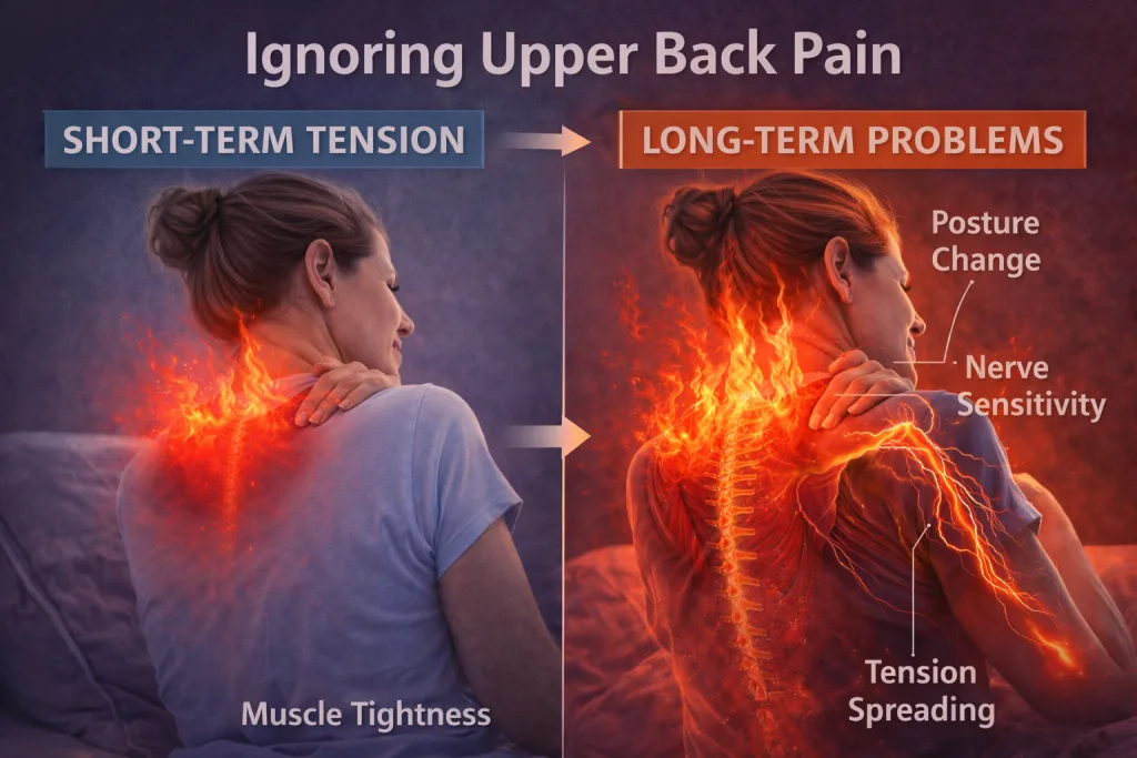 Ignoring upper back pain can lead to chronic tension, posture changes, nerve sensitivity, and sleep disruption. Learn the long term risks.